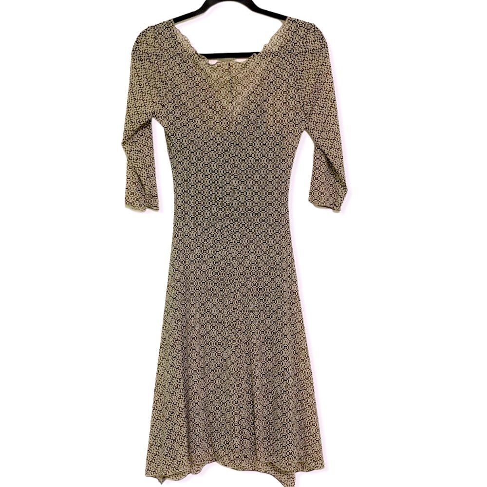 Max Studio V Neck Twist-Front Dress Geometric Print Black Cream Overlay